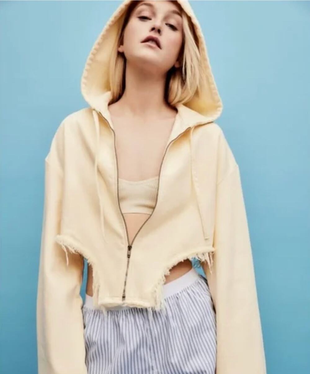 ZARA Yellow Crop Denim Jacket Full Zip Hooded Drop Shoulder Fringe Hem Medium M